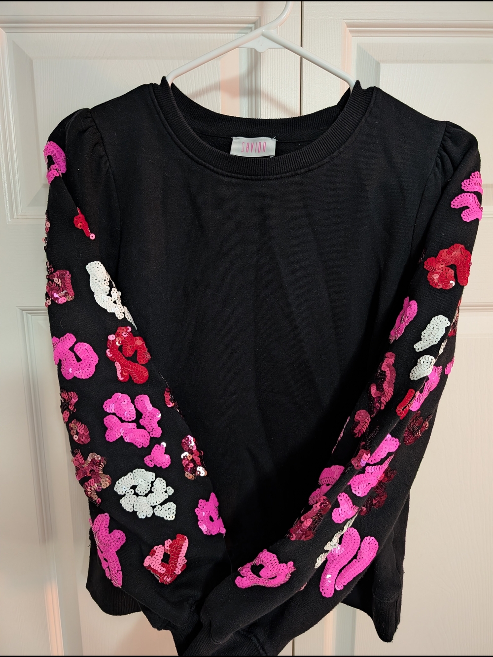 Black Sweater with Pink, Red & White Sequin Floral Sleeves